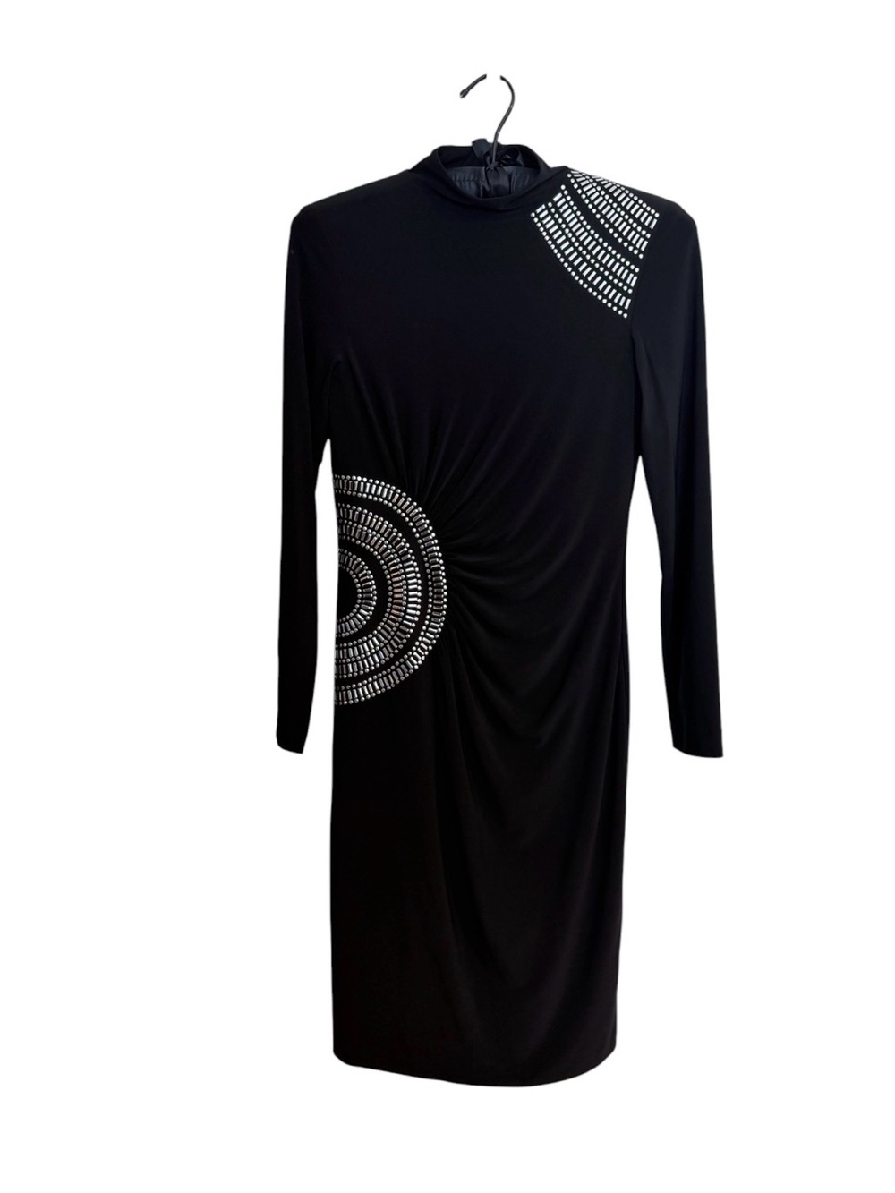 Joseph Ribkoff Black Long-Sleeve Midi Dress with Silver Studded Circular Accents